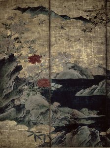 四季の鳥と花（ペンとインク、色、パネル上の金の紙）（216555、216556を参照） 作： Kano Soshu